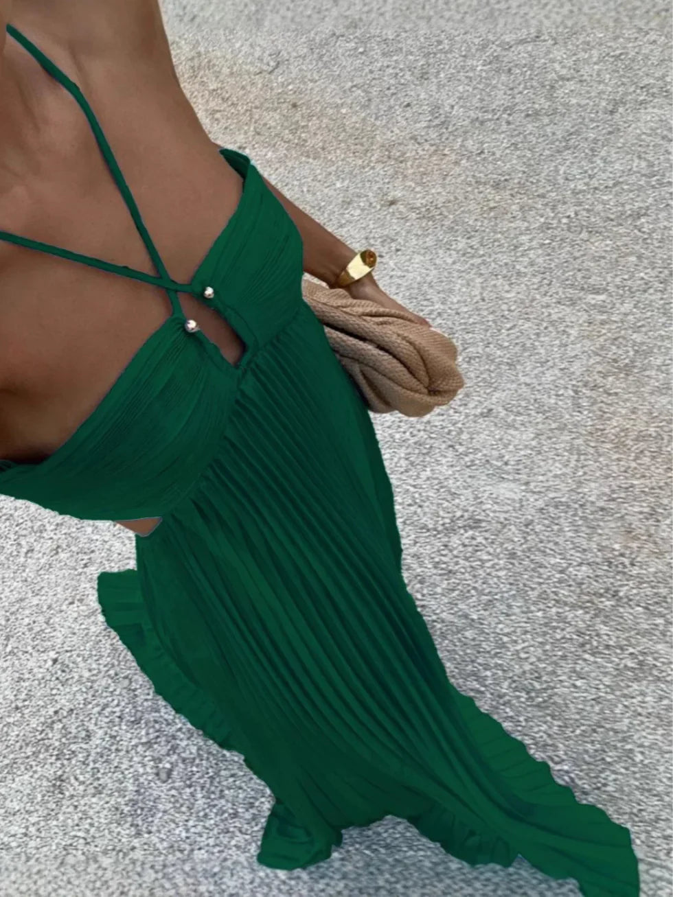 GEMA - VESTIDO MAXI HALTER PLISADO CINTURA ALTA