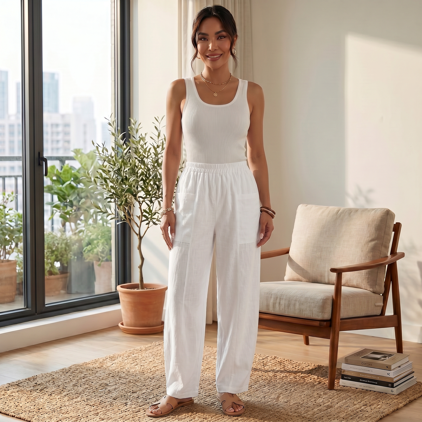 Pantalón Mujer Lino Ancho Cintura Elástica