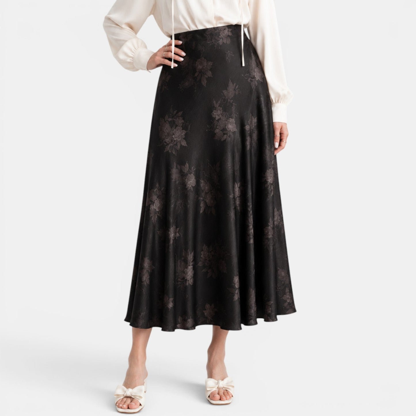 Falda Maxi Satinada Rosas Mujer