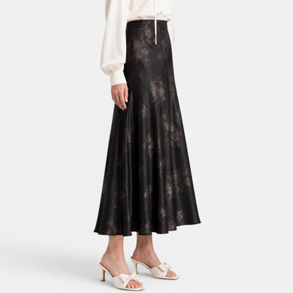 Falda Maxi Satinada Rosas Mujer