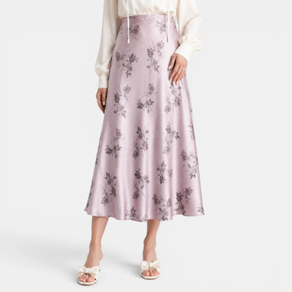 Falda Maxi Satinada Rosas Mujer