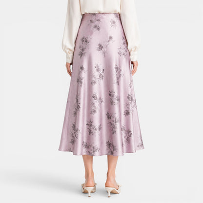 Falda Maxi Satinada Rosas Mujer