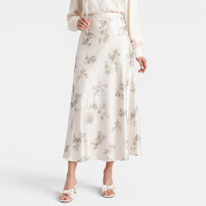 Falda Maxi Satinada Rosas Mujer