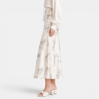 Falda Maxi Satinada Rosas Mujer