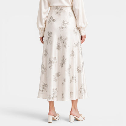 Falda Maxi Satinada Rosas Mujer