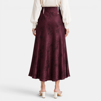 Falda Maxi Satinada Rosas Mujer