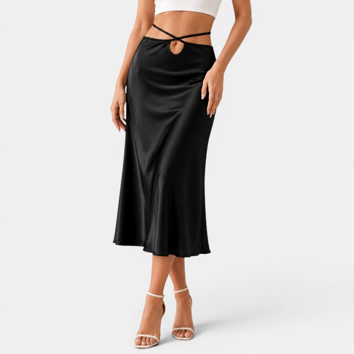 MANUELA - Falda midi cintura alta color negro, imagen 4