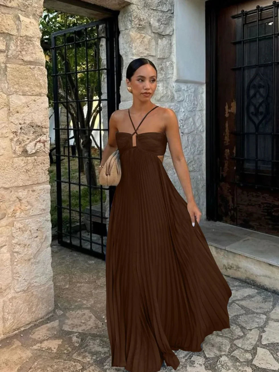 GEMA - VESTIDO MAXI HALTER PLISADO CINTURA ALTA