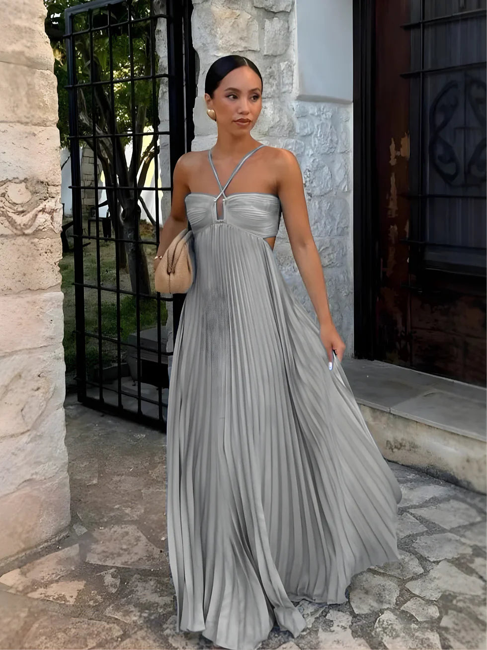 GEMA - VESTIDO MAXI HALTER PLISADO CINTURA ALTA