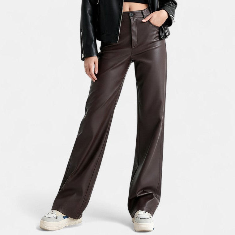 Pantalones Polipiel Mujer Rectos - Cintura Alta Casual