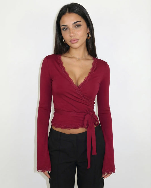 AINHOA - Lace crossover top in wine red, image 4