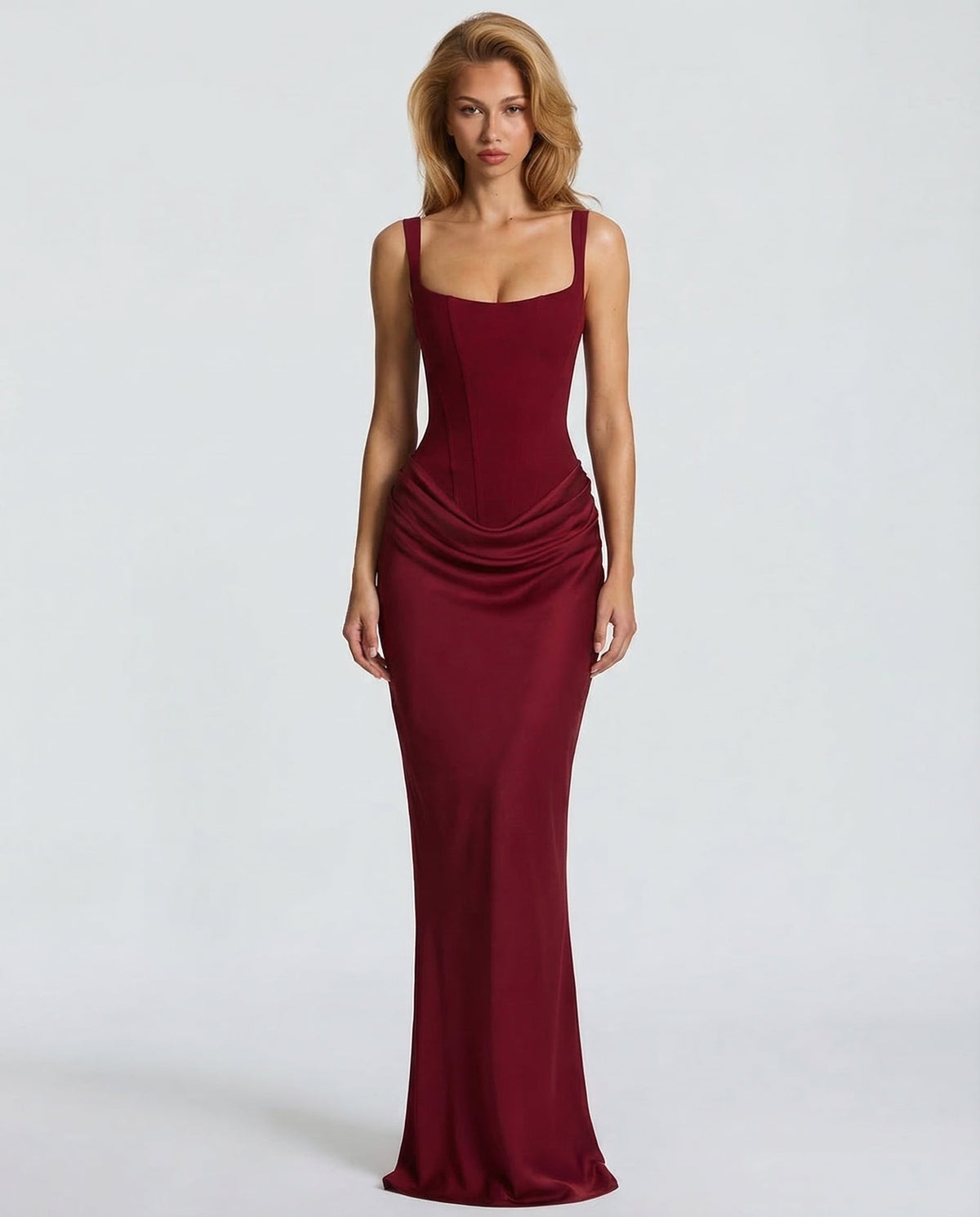 ÁNGELA - Robe longue sablier coloris bordeaux, image 22