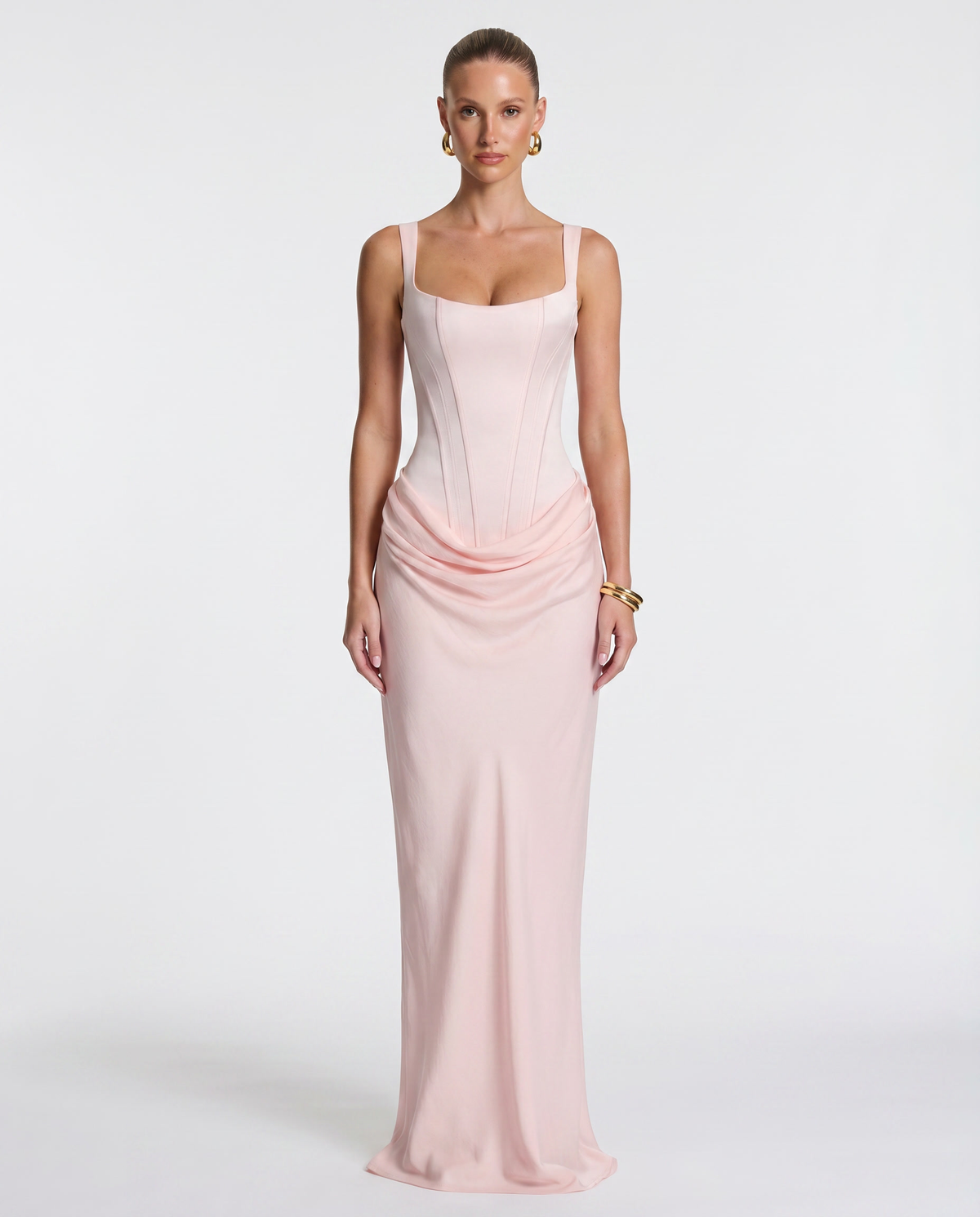 ÁNGELA - Robe longue sablier coloris rose pâle, image 7