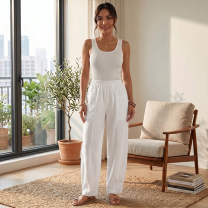 Pantalón Mujer Lino Ancho Cintura Elástica