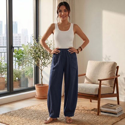 Pantalón Mujer Lino Ancho Cintura Elástica