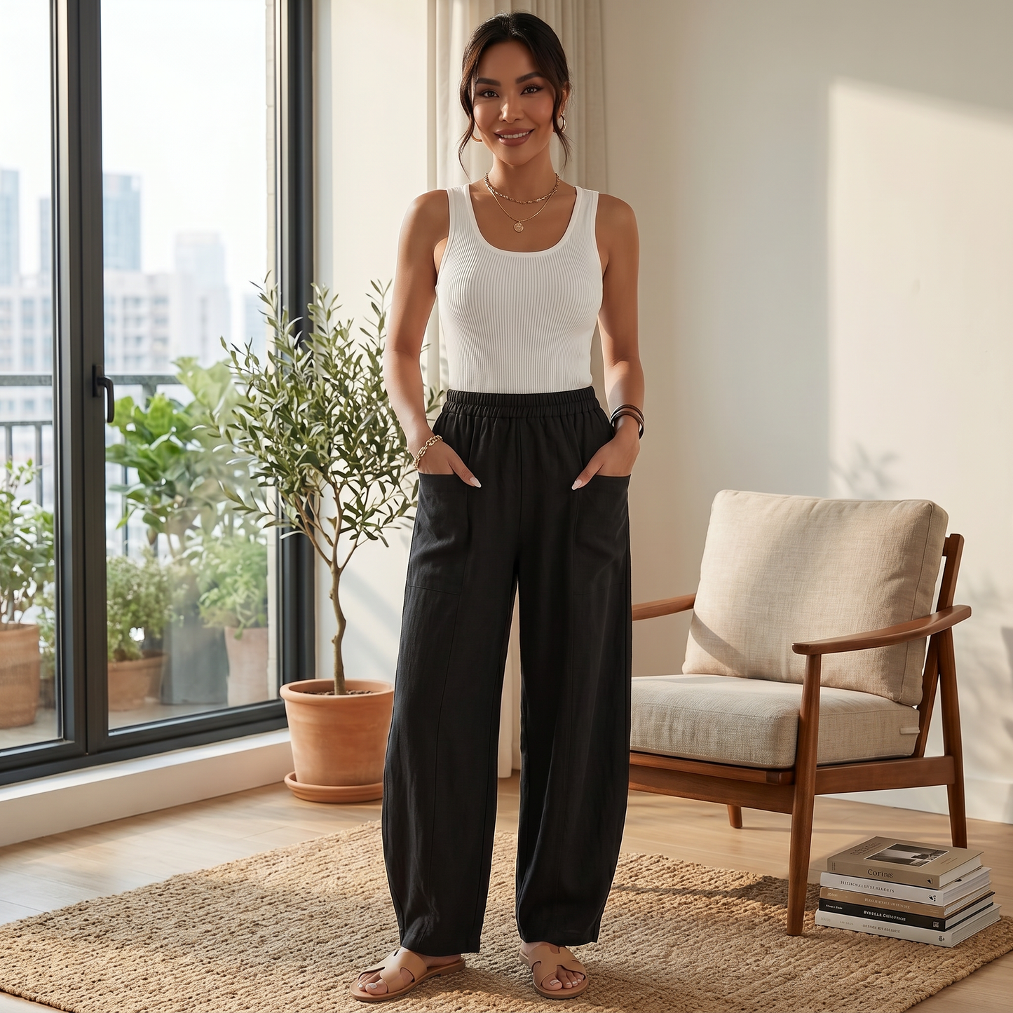 Pantalón Mujer Lino Ancho Cintura Elástica
