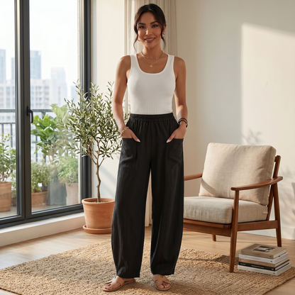 Pantalón Mujer Lino Ancho Cintura Elástica