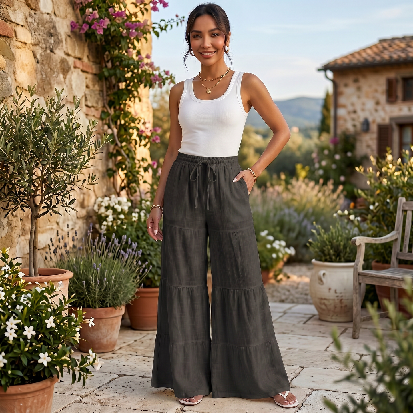 Pantalón Lino Mujer Cordón Ancho