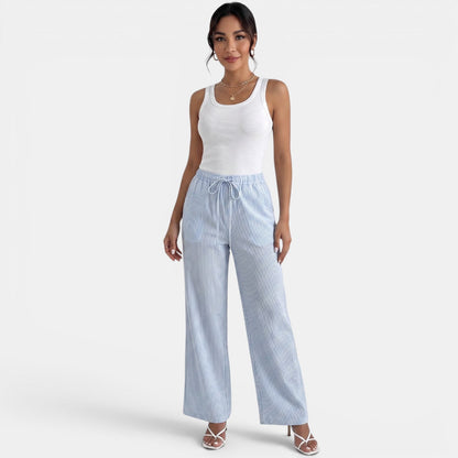 Pantalón Lino Mujer Rayas Azules Verano